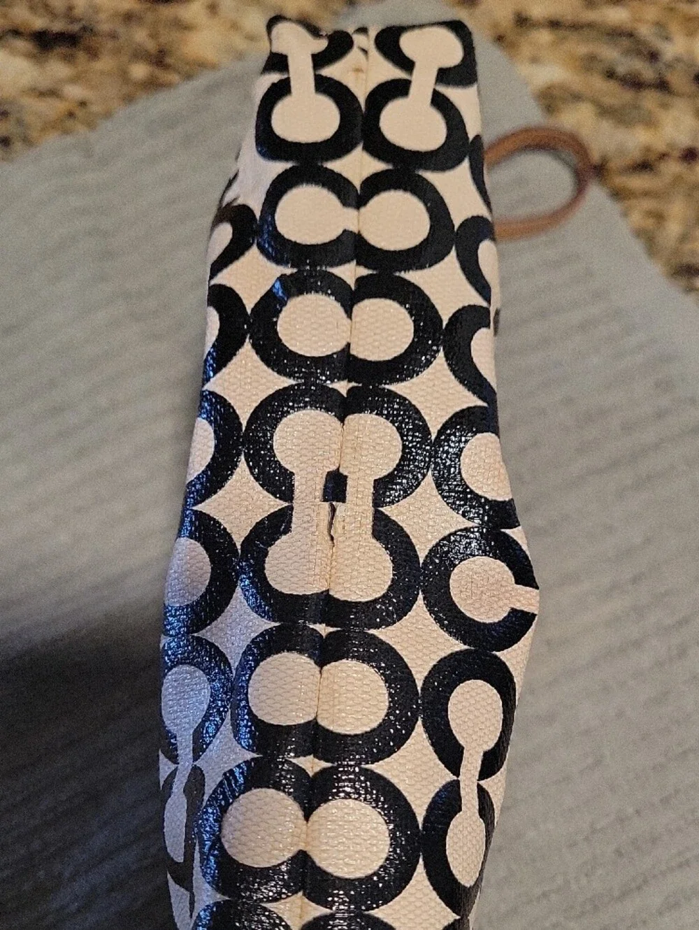 Coach Black and Cream Signature C Canvas Wristlet with Tan Leather Trim